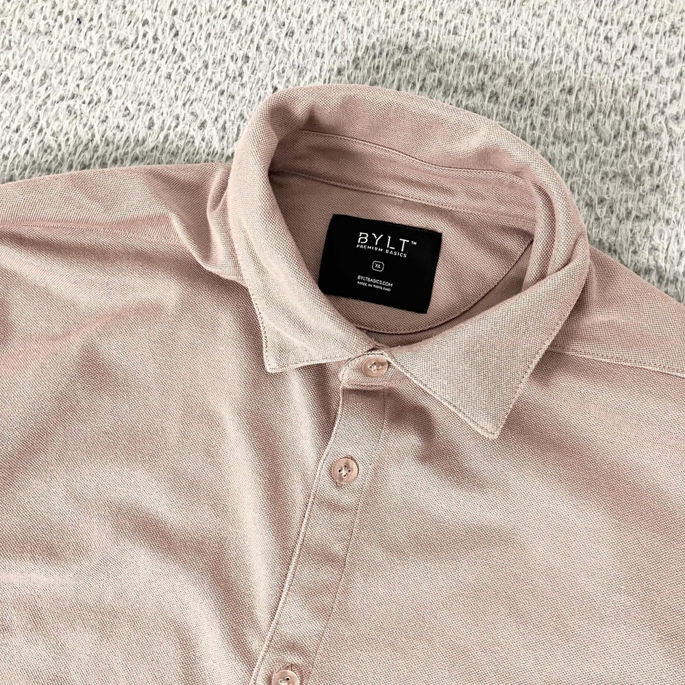 BYLT Shirt Mens Medium Pink Short Sleeve Button Up Knit Casual Stretch Top